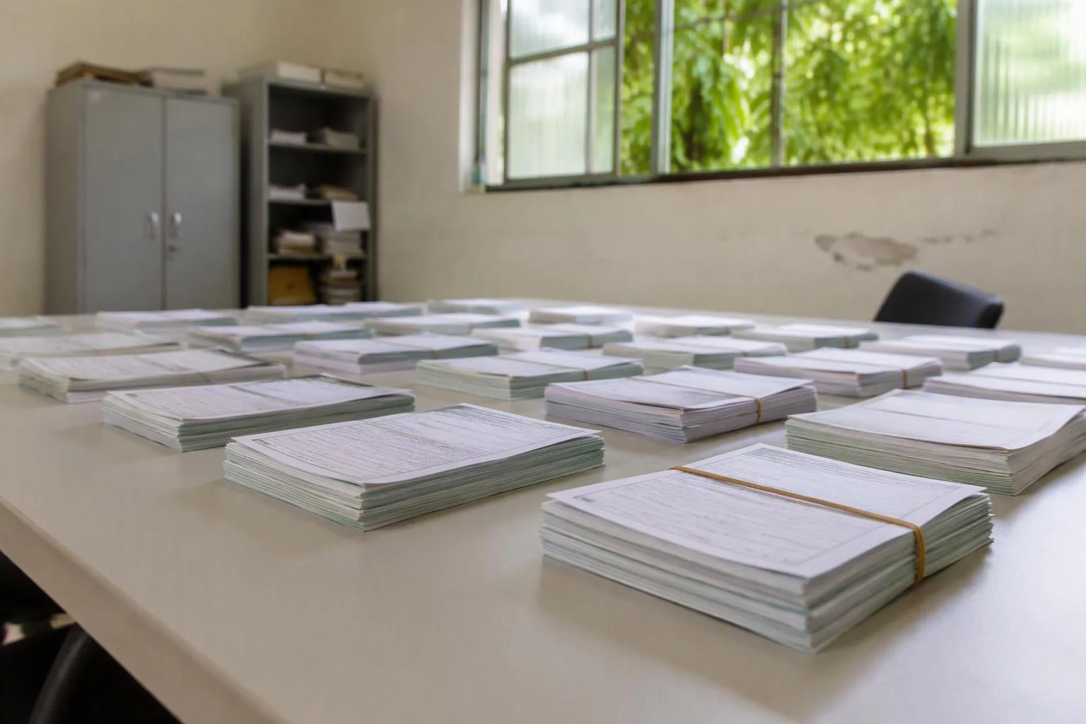 Fichas de protocolo organizadas em fileiras sobre a mesa